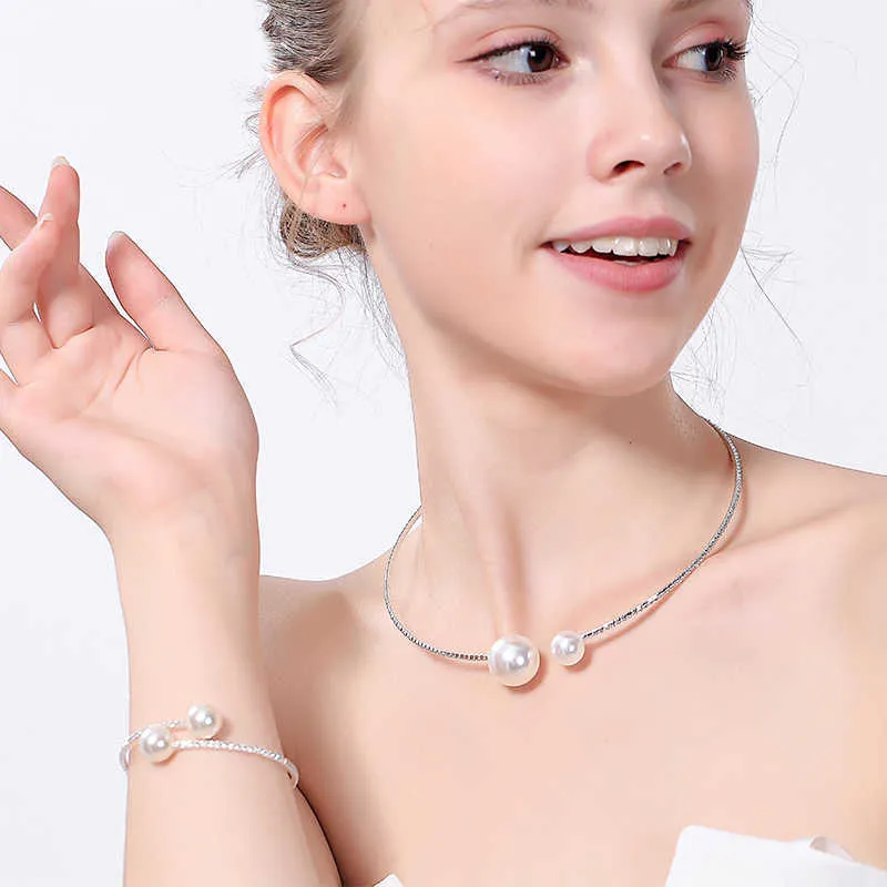 Fashion Simple Simulated Pearl Bridal Sets Crystal Wedding Jewelry Necklace Bangle Set for Women Wedding Party Jewelry Q0719