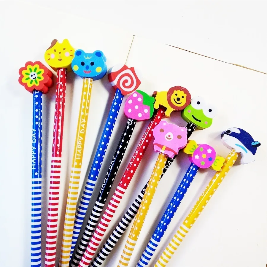 lot Wood Gift Pencil With Animals Eraser Head Christmas For Kids Cute Fashion Party Favors School Supplies Y200709