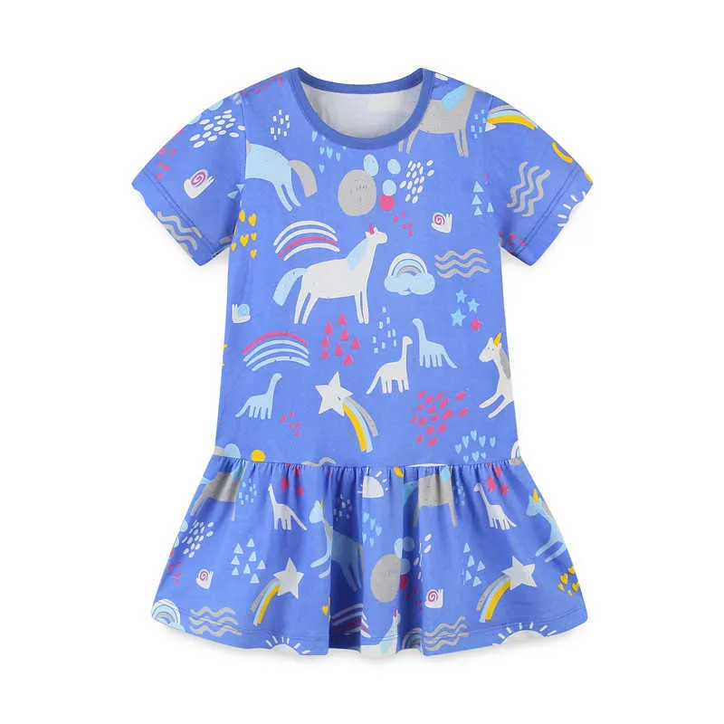 Metros de salto Verano Azul Dibujos animados Impresión Moda Princesa Vestidos de fiesta para bebé Ropa de algodón Niños Unicornio Vestido 210529