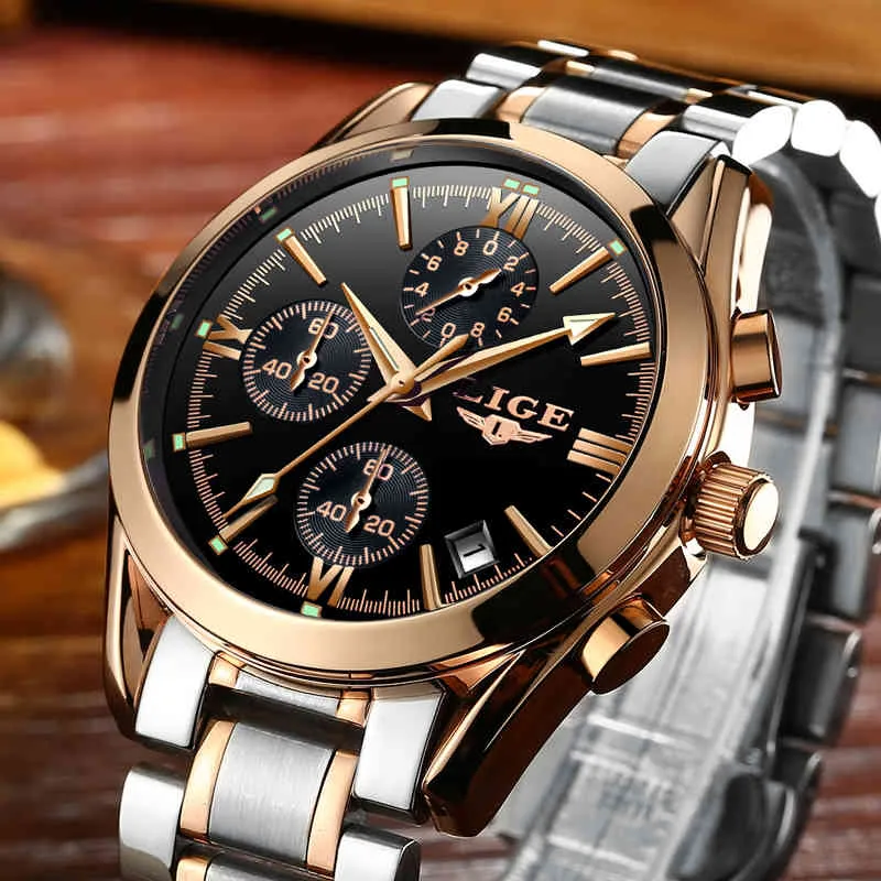 Relogio Masculino Lige Men Top Luxury Brand Military Sport Watch Men's Quartz Cloctz男性フルスチールカジュアルビジネスゴールドWATC2171