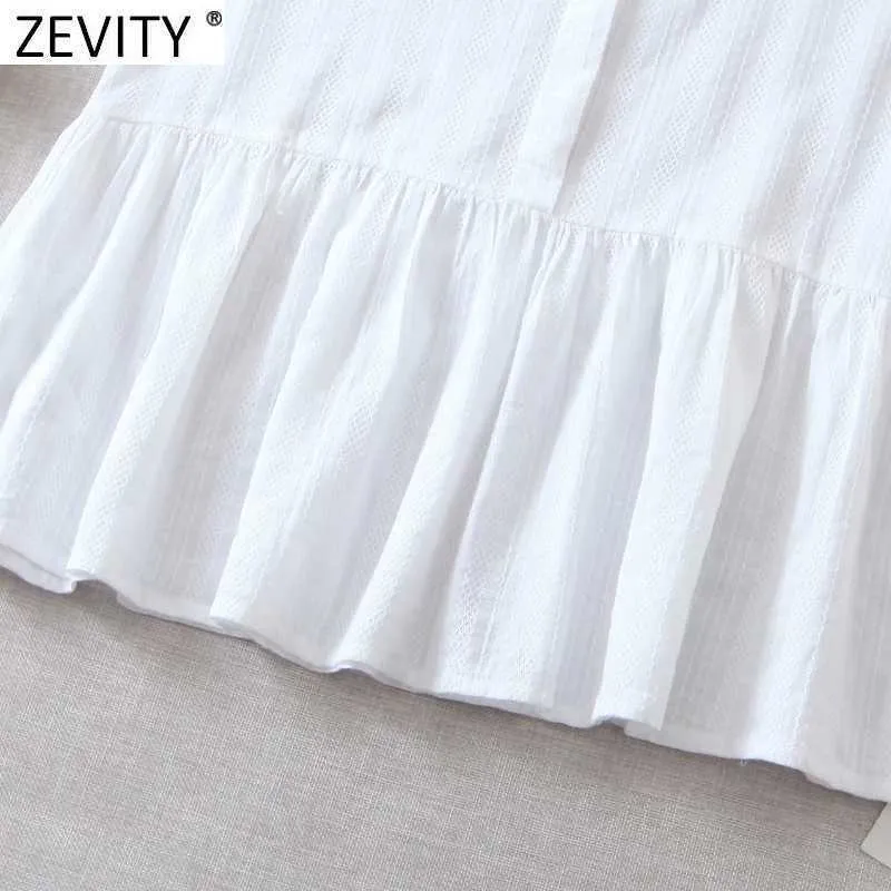 Zevity Women Simply O Neck Senza maniche Ruffles Camicetta bianca casual Camicia con bottoni scava fuori femminile Roupas Chic Chemise Top LS9086 210603