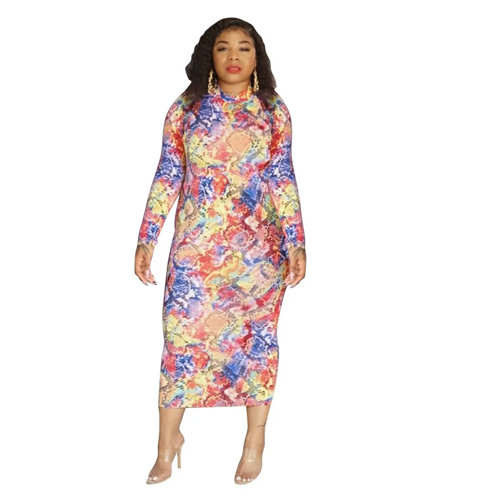 XL-5XL Plus Taille Femme Robe colorée imprimée taille haute à manches longues élégante soirée sexy soirée moulante midi style français 210525