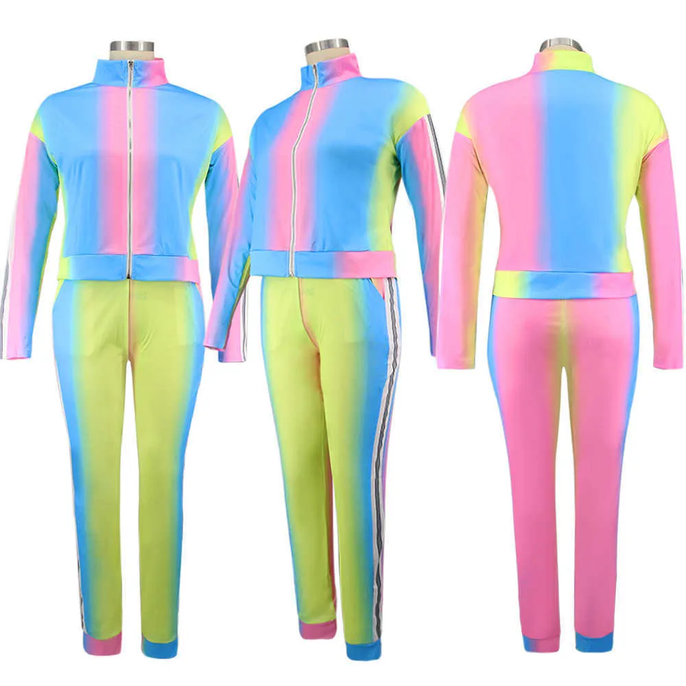 Women's Tracksuits Plus Size Clothes Women L-5XL Set Gradient Patchwork Zip Top Sport Pants Fitness Outfit Activewear Wholesale Dropshpping P230506