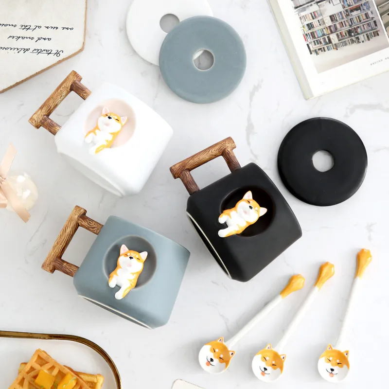 Kreativ söt handgjorda shiba inu mugg med locksked keramiska hundmuggar personlig kopp för kaffe te kök bordsartiklar kärlek present l257l
