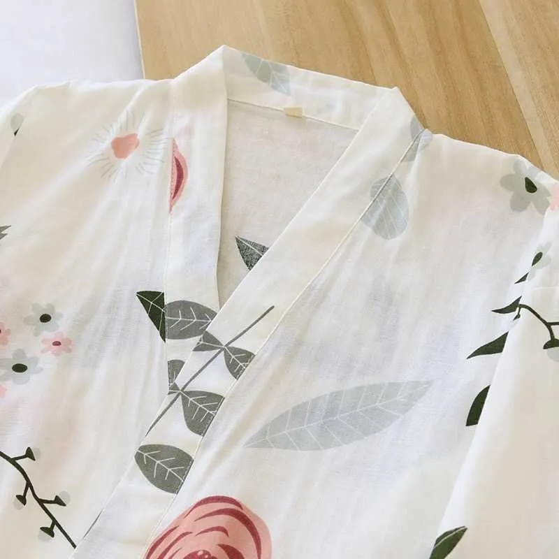 Pigiama stile kimono da donna stampato rosa set sciolto sottile scollo a V maniche a tre quarti garza di cotone 2 pezzi indumenti da notte allentati homewear 210928