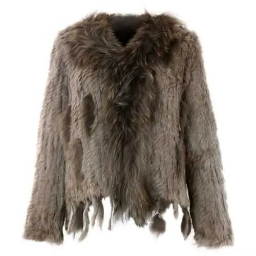 Gilet de fourrure de lapin tricoté naturel avec col de raton laveur manteau de fourrure à manches longues avec gland personnalisé pardessus grande taille 211019