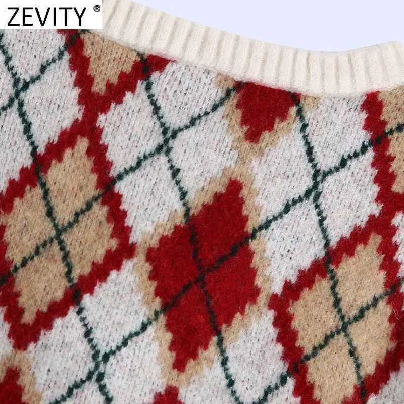 Zevity Women Vintage Rhombic Pattern Knitting Sweater Kvinna Ärmlös Casual Slim Vest Chic Brand Pullovers Tops S607 210603