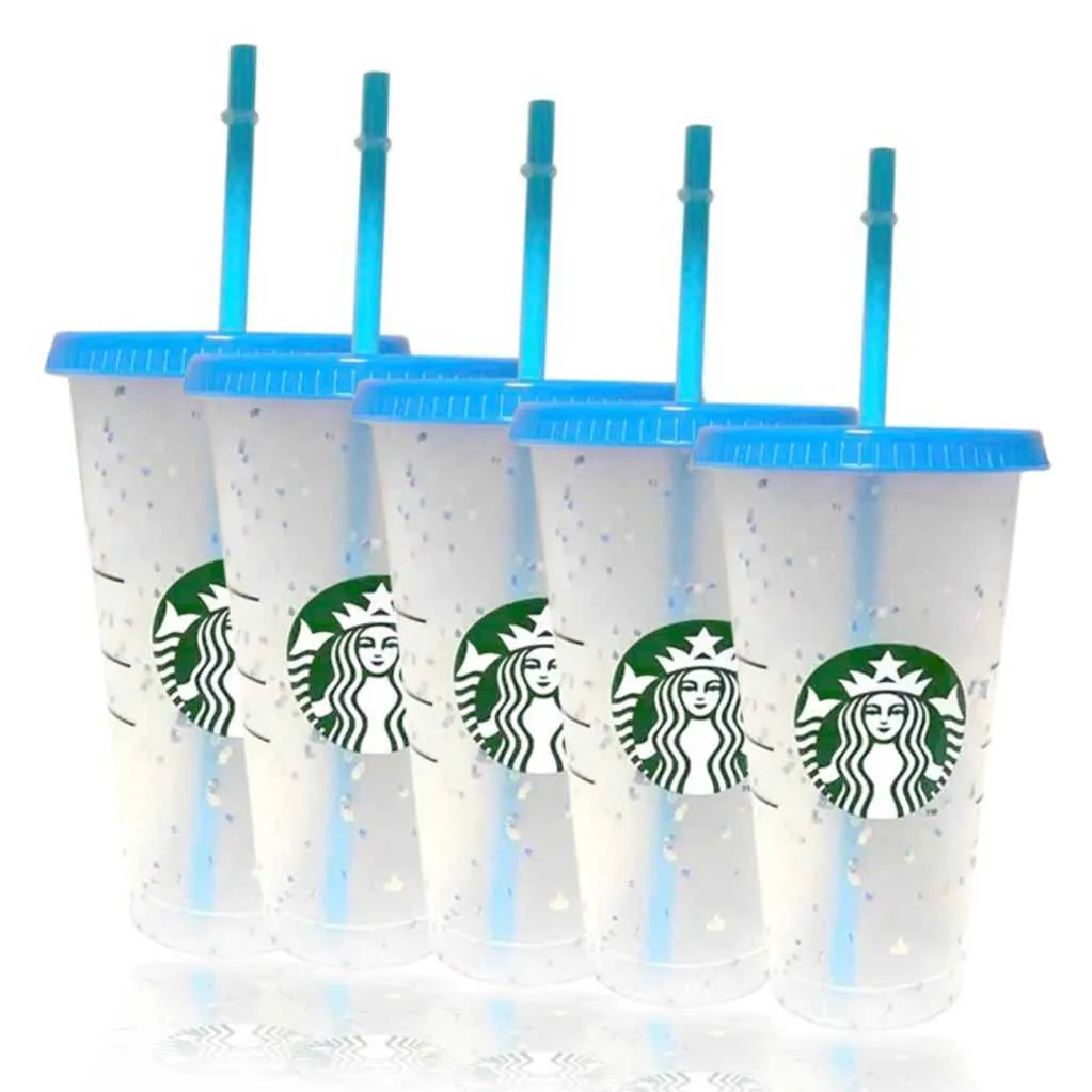 Voorraad Starbucks kleur veranderende koude beker met deksel en rietje confetti herbruikbare plastic beker of set, vloeibare ounces livebecool