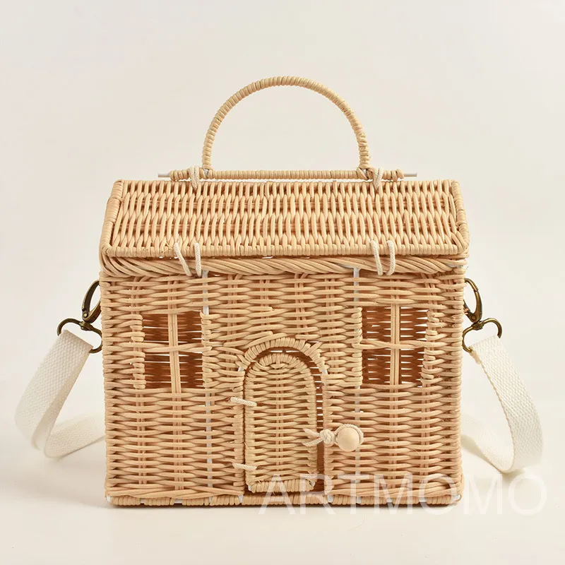 Милая женская сумка через плечо из ротанга в форме дома, плетеная плетеная сумка, сумки через плечо для женщин, 2021, соломенная сумка, дорожная сумка ручной работы C0308