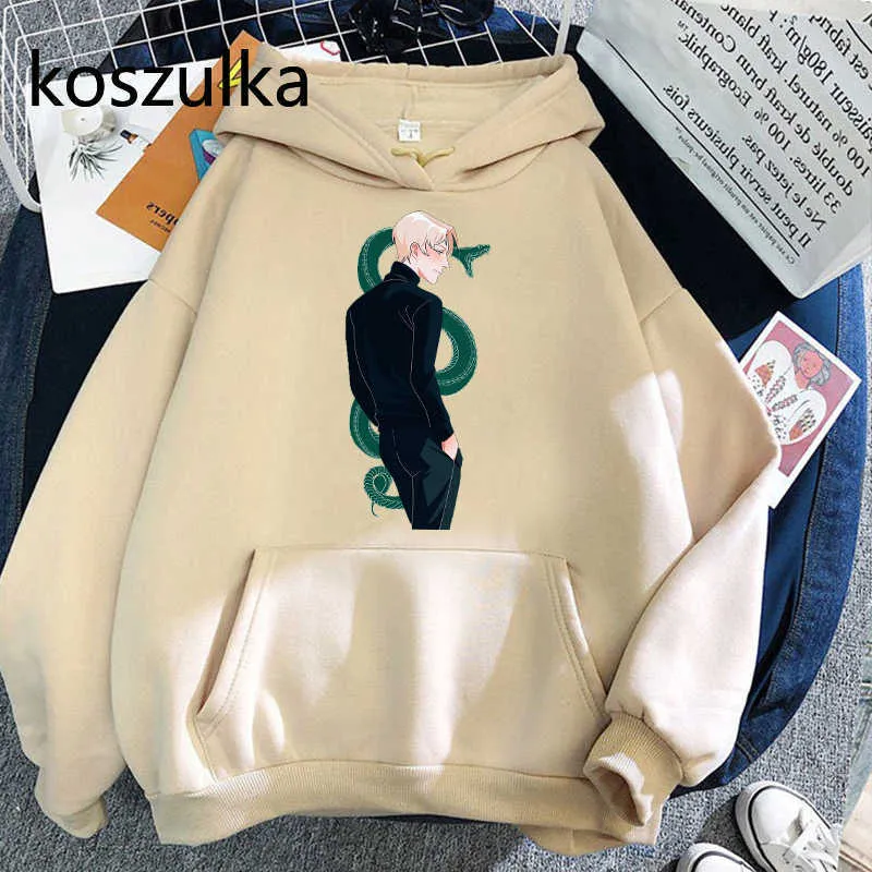 Draco Malfoy Yeşil Yılan Baskı Hoodie Kadınlar Rahat Polar Sudaderas Öğrenci Hoodies Moda Harajuku Tişörtü Kapşonlu 210803