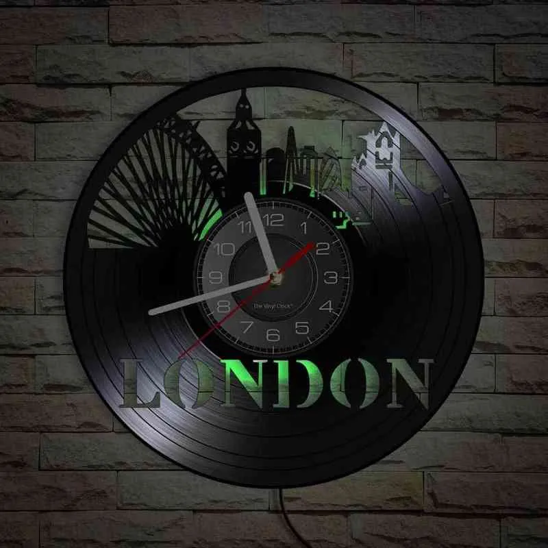 Londra Skyline Re-Afficato Record Orologio da parete Inghilterra Inghilterra Skyscraper Landmark Vinyl Album Fine Art Clock Cityscape Art Home Decor H1230