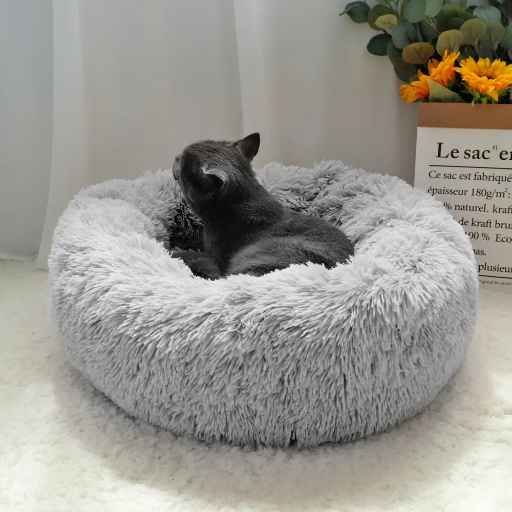 Pet Dog Bed Warm Fleece Round Dog Kennel House Long Plush Winter Pets Dog Beds Pour Medium Large Dogs Cats Soft Sofa Coussin Mats 210224