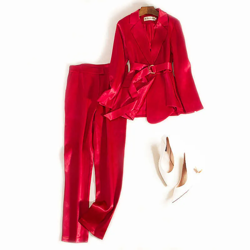 Elegant professional women's pants suit two-piece overalls high quality Autumn long-sleeved ladies shiny jacket Slim trousers 210527