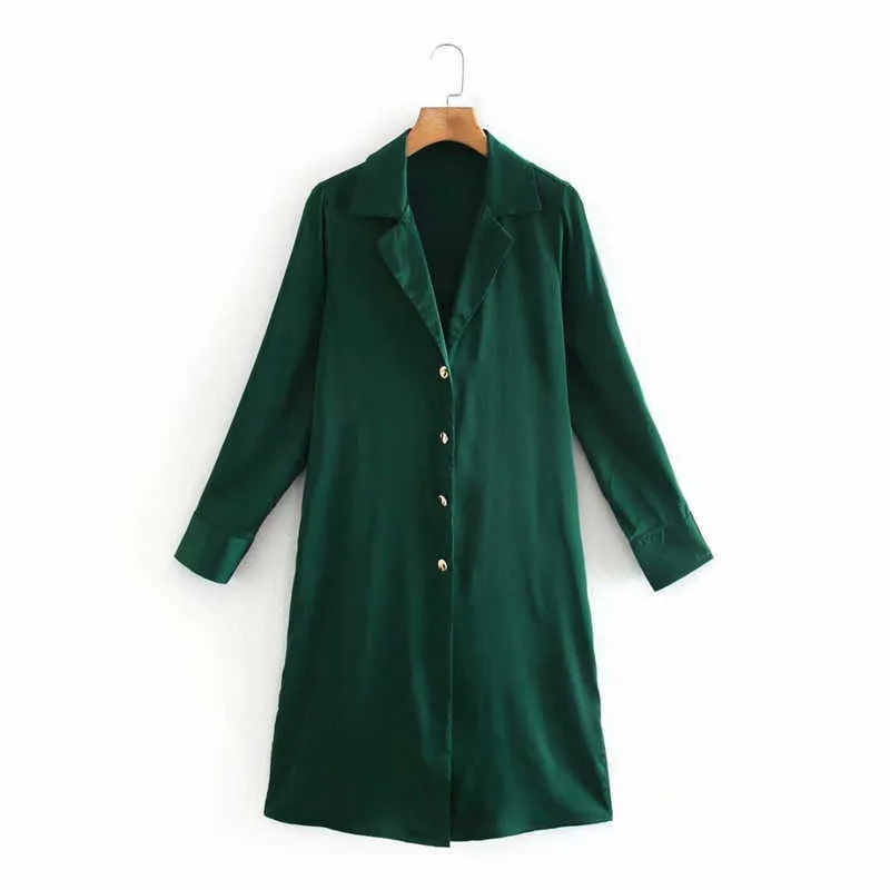 Za атласная длинная туника блузка женщины с длинным рукавом осложнение воротник винтажную зеленую рубашку женское шикарно передняя кнопка плюс размер свободный топ 210602