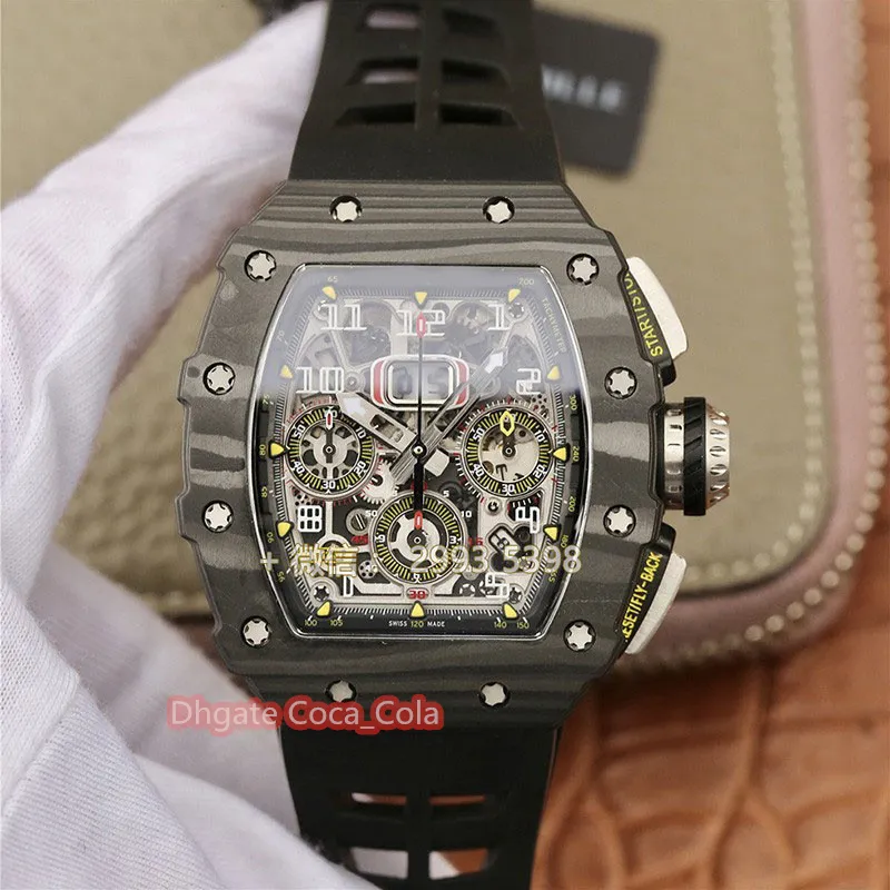 Topkwaliteit horloges Klassiek 50 mm x 44 mm NTPT koolstofvezel skelet waterdicht rubber transparant mechanisch automatisch herenhorloge M194J