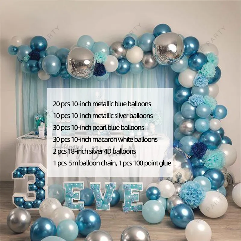 94 Stück Blau Weiß Silber Metall Luftballons Girlande Gold Konfetti Ballon Bogen Geburtstag Baby Dusche Hochzeit Party Dekor 220217