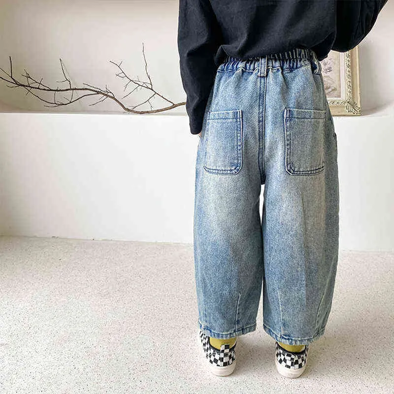 Koreansk stil 2021 Mode Patchwork Jeans Boys Fashion Loose Sand Tvätt Denim Byxor 1-7Y G1220