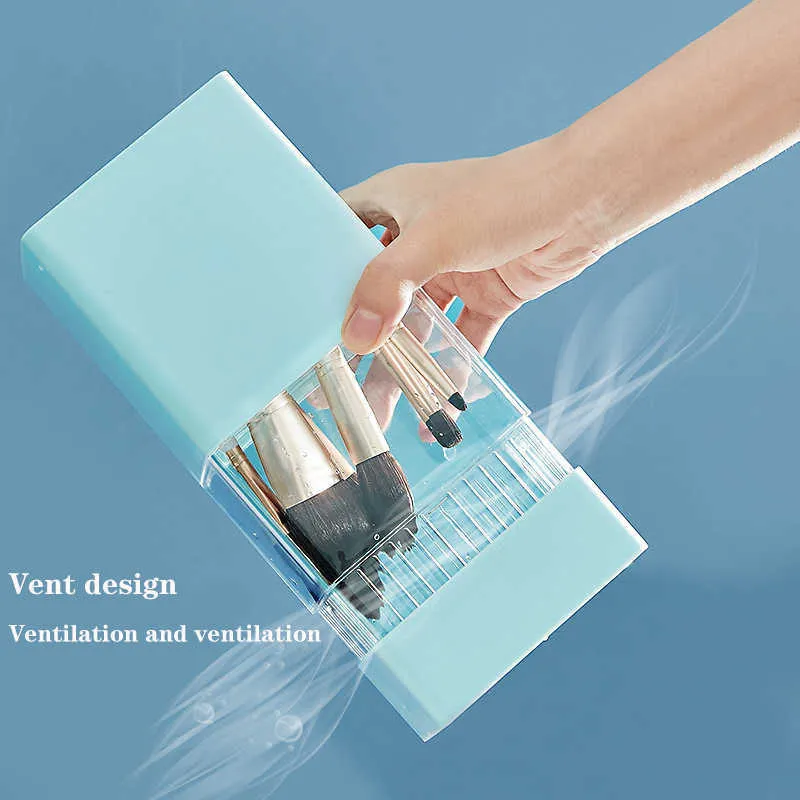 2-in-1 Makeup Brush Storage Box Holder Drying Rack Organizer Cosmetic Bucket Plastic Dustproof 210922