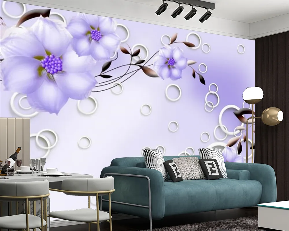 Fond d'écran 3D Purple Flower Home Improvement Paper Paper Romantique Floral Digital Print Paint Cuisine salle de cuisine Mural222G
