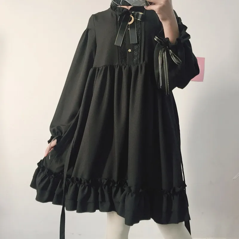 WOHERB Japanese Gothic Lato Szyfonowa Sukienka Kobiety Vintage Bow Bandaż Wzburzyć Czarny Lolita Dresses Vestidos Robe Femme 21664 210309