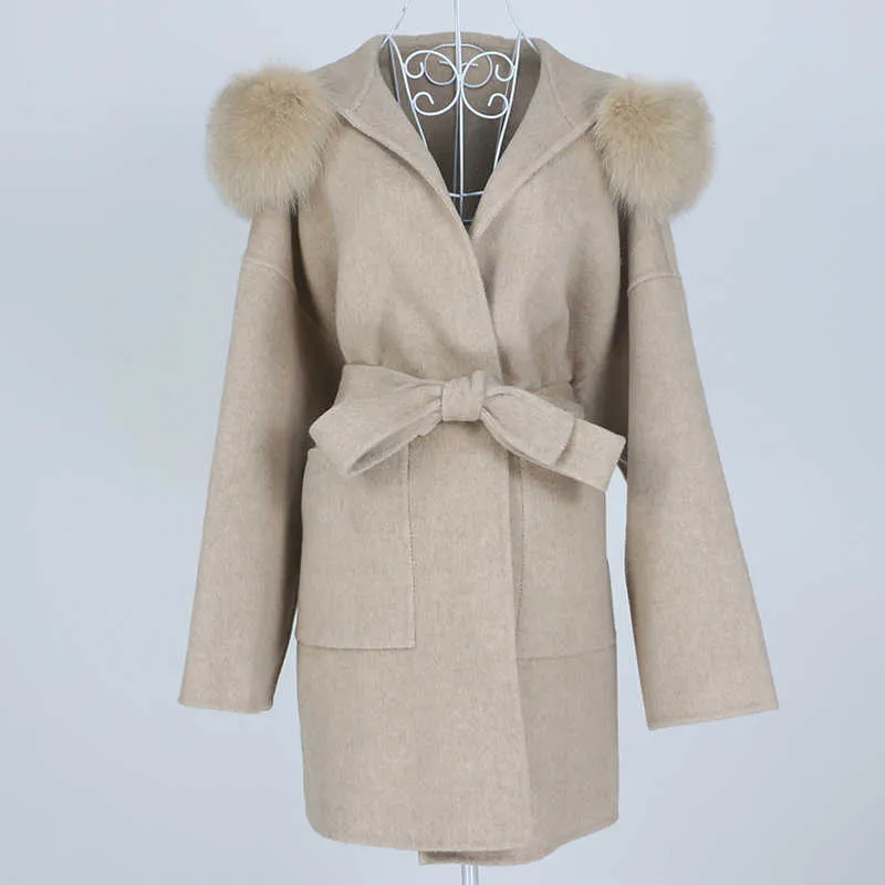 OFTBUY Oversize Loose Cashmere Wool Blends Real Fur Coat Winter Jacket Women Natural Fur Collar Hood Outerwear Belt 211013
