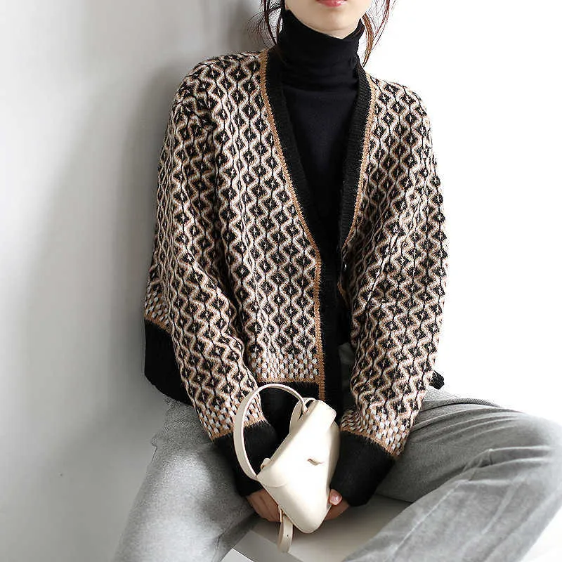 Aiujxk秋冬ファッションアーガイルカーディガン女性ビンテージセーター長袖ニット服緩いVネックニット211018