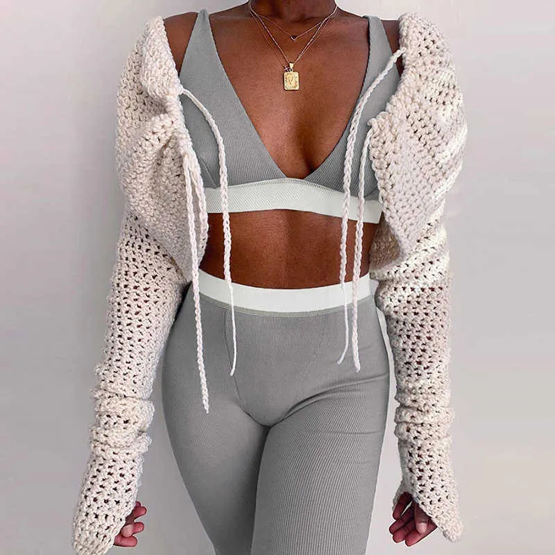 Ärmlös V-Neck Crop Tops Leggings Set Winter Women Fashion Streetwear Outfits Sportkläder Tracksuit 210604