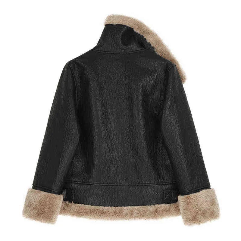 Fashion Faux Fur Coat Women Leather Jacket Autumn Winter Warm Plush Thick Outerwear Ladies Wool Fur Collar Zipper Basic Jackets 211112