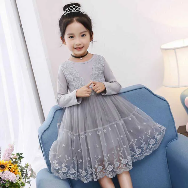 Retail Spring Autumn Baby Girls Dresses Lace embroidery Splice gauze Long Sleeve Dress Children Clothing E316964 210610