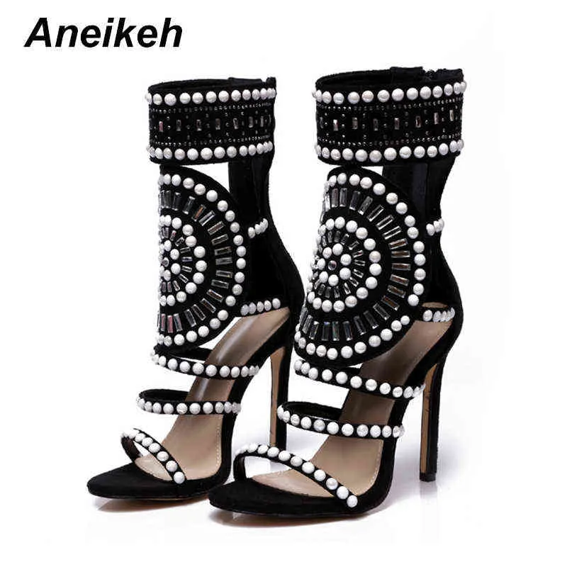 Sandały Aneikeh Kobiety Moda Otwarte Toe Rhinestone Design High Heel Sandals Kryształowe Kostki Wrap Glitter Diament Gladiator Czarny rozmiar 35-42 220121