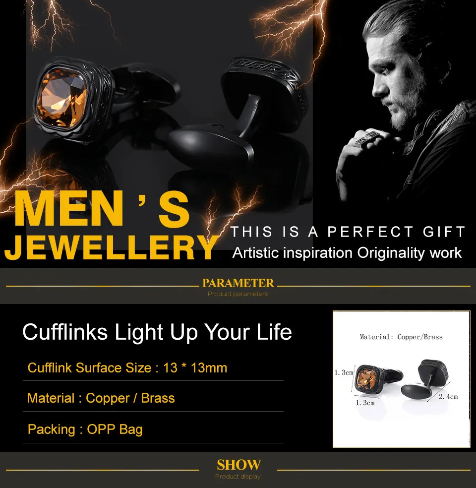 Black Mens Cufflinks Coffee Brown Crystal Cuff links Buttons for Wedding Gifts Men Jelwelry Cufflink Shirt Cuffs Accessory3770636