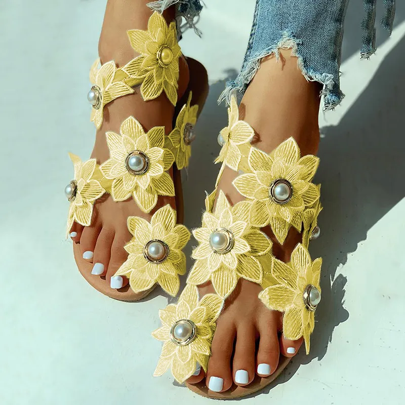 New Summer Ladies Shoes Women Sandals White Floral Flat Sandals Women Bohemian Casual Beach Shoes For Woman 210225