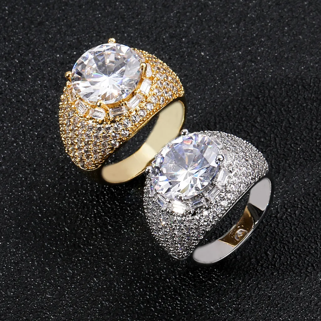 Hip Hop CZ Cubic Zircon Geometrisk Finger Ring Band Iced Out Vitguld Bling Baguette Diamantringar för Kvinnor Män Pojkvän Lyx Alla hjärtans födelsedag Smycken Presenter