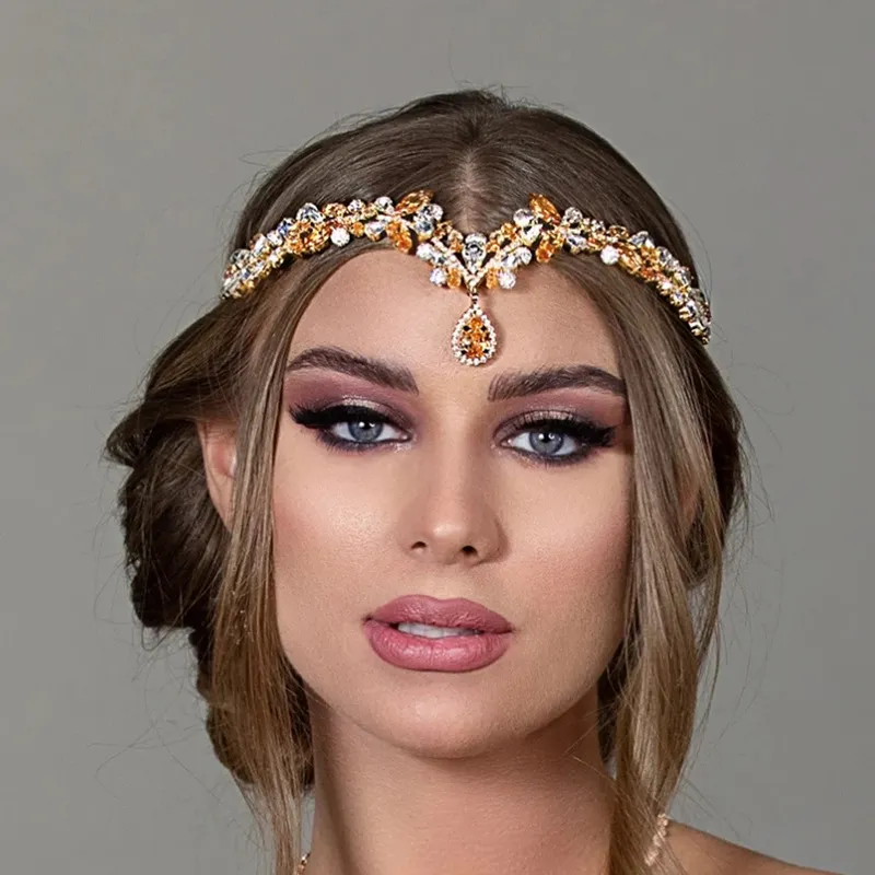 Cubic Zirconia Forehead Wedding Hair Band Bridal Luxury Jewelry for Women Queen Crystal Crown Tiara Water Drop Pendant Jewellery 220217