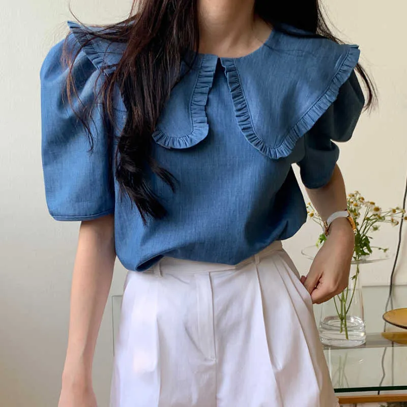 Korejpaaの女性のシャツ夏の韓国のシックな女性レトロニッチビッグラペルルーズパフスリーブウォッシュブルーデニム木製イヤーブラウス210526