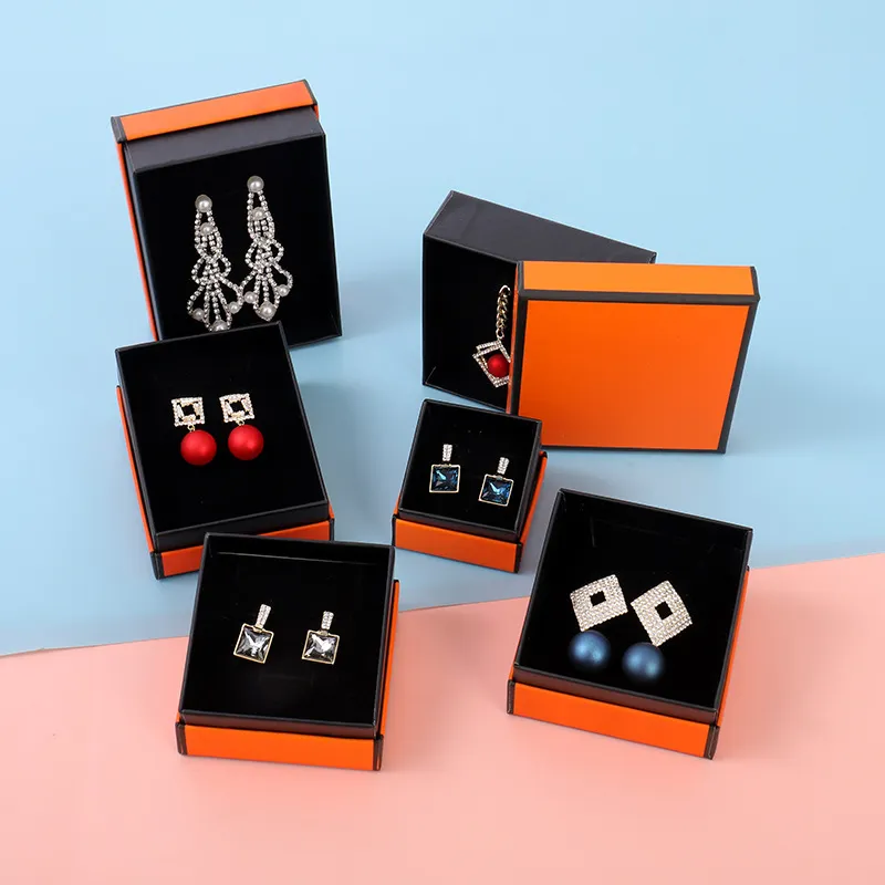 Orange presentförpackning Visa detaljhandelsförpackningslåda för modesmycken Halsband Armband Örhänge Nyckelring Hängande Ring Tillbehör