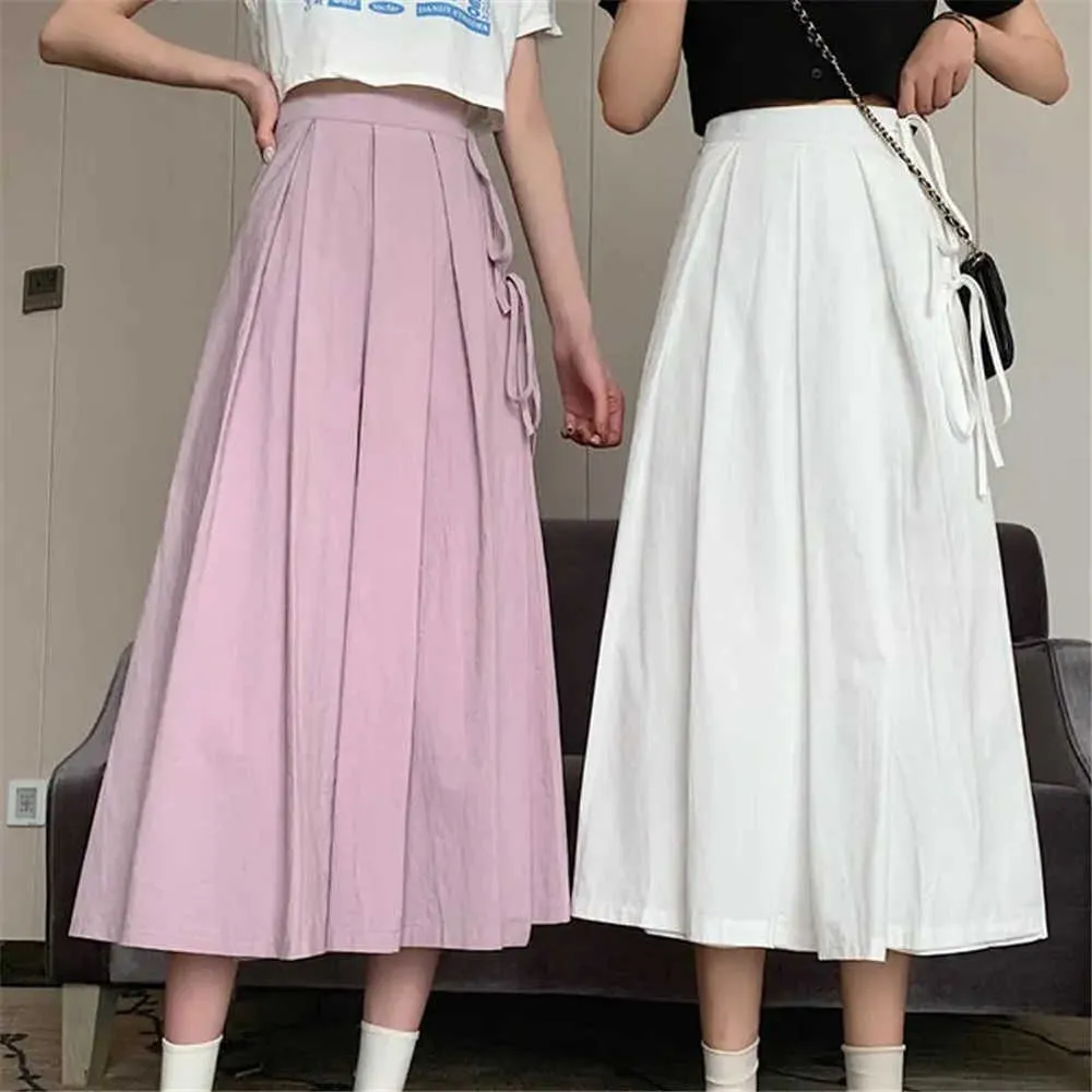 Snör upp hög midja veckad kjol kvinnor mode sommar avslappnad solid en linje midi lång kjol kvinnlig svart vit lila streetwear 210619
