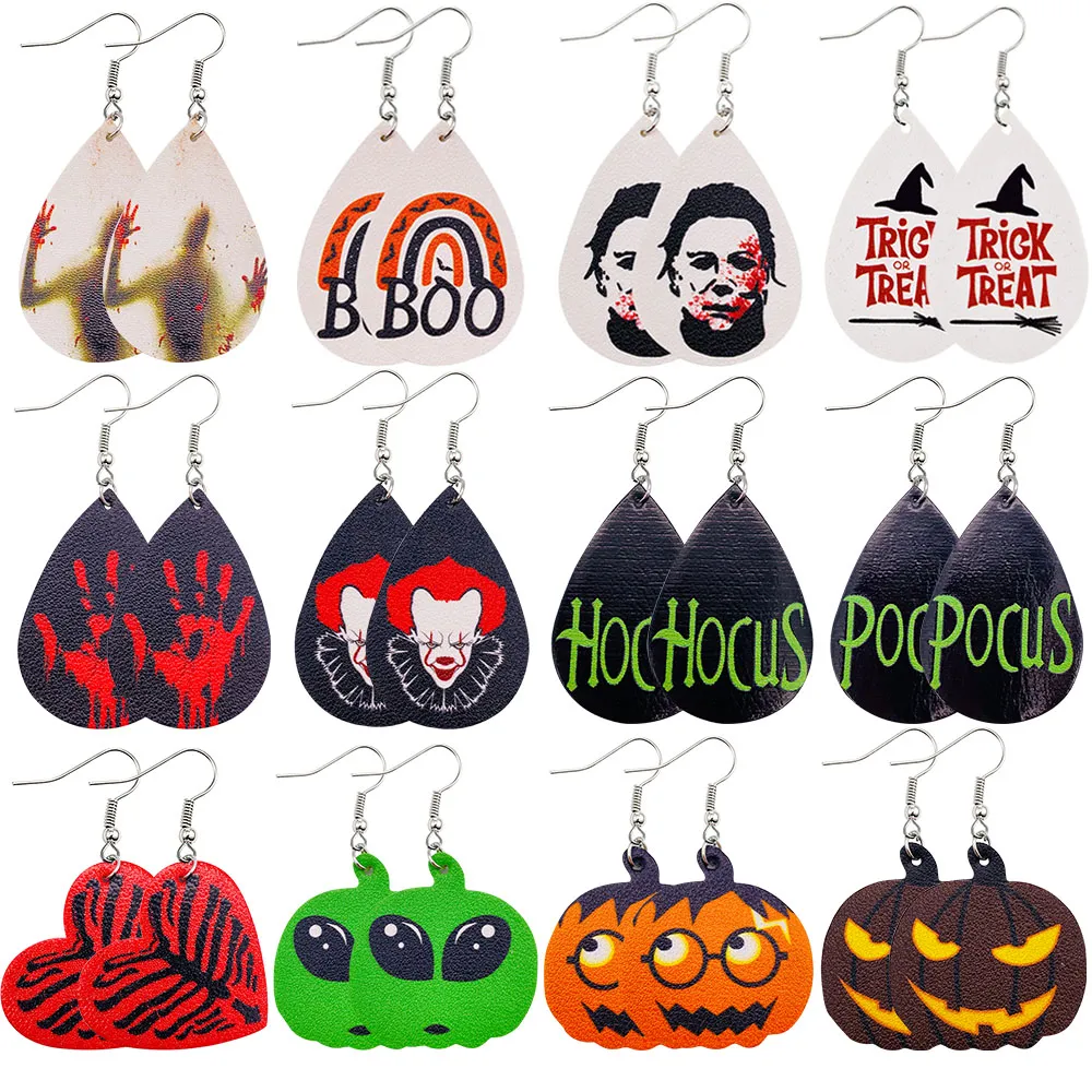 New Halloween Faux Dangle Leather Earrings For Women Bulk Pumpkin Ghost Skull Double-sided Printing Teardrop Drop Ear Gifts