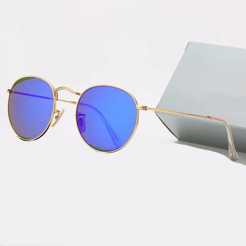 2021 Классический дизайн бренд Круглый солнцезащитные очки UV400 Metal Gold Rade Glasses Мужчины женщины зеркальные стеклянные солнцезащитные очки с коробкой 231G