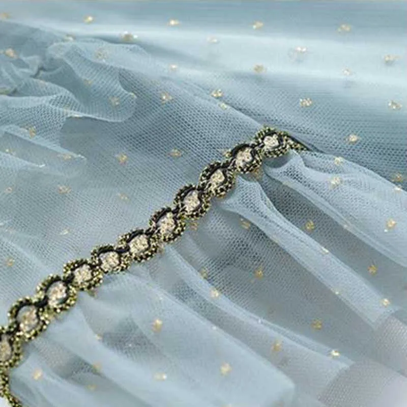 [DEAT] Summer Fashion Stand-up Collar Knee-length Diamonding Splicing Net Yarn Loose Elegant Dress Women 13C921 210527