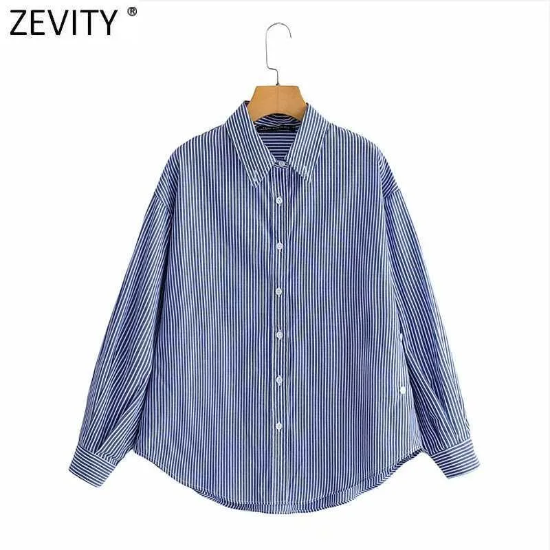 Zevity Frauen Vintage Gestreiften Druck Button Up Design Shirts Weibliche Langarm Casual Business Bluse Chic Blusas Tops LS9276 210603