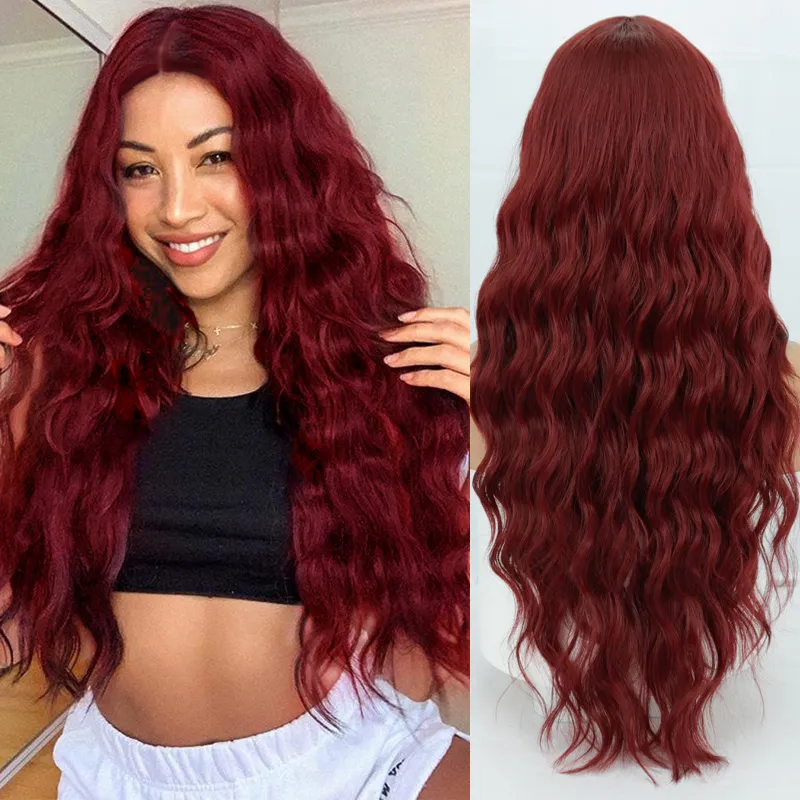 Ren röd svart orange färg lång vattenvåg frisyr peruker för kvinnor syntetiskt hår hög temperatur fiberfaktorisk direkt