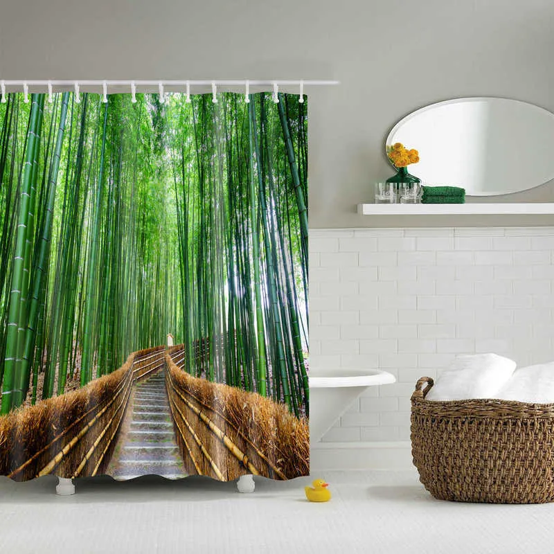 Bambus Wald Bäume Landschaft gedruckt 3D Bad Vorhänge wasserdicht Polyester Stoff waschbar Badezimmer Duschvorhang 210609