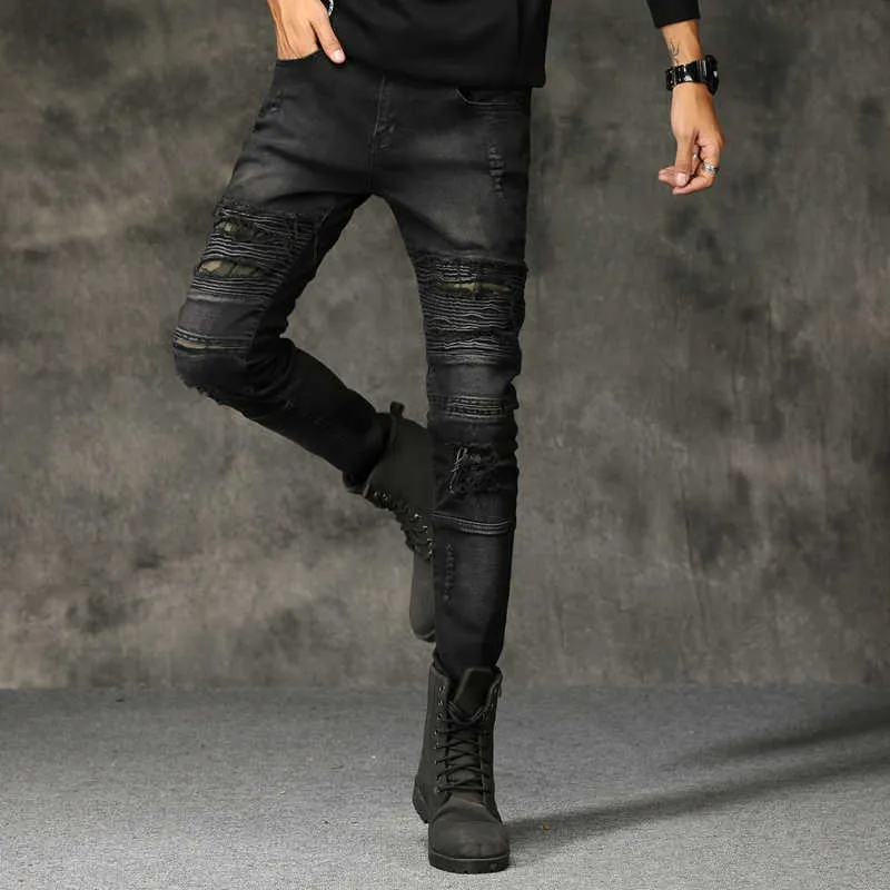 Mäns Jeans Ripped förstörda Biker Hip Hop Stretchy Denim Byxor Slim Fit Male Patches Hole High Street Trousers 210716