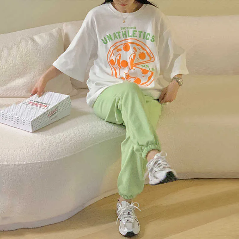 Korejpaa Donna Imposta Estate Coreano Chic Ladies All-Fiammifero Girocollo Stampato T-Shirt a maniche corte Pantaloni sportivi a vita alta 210526