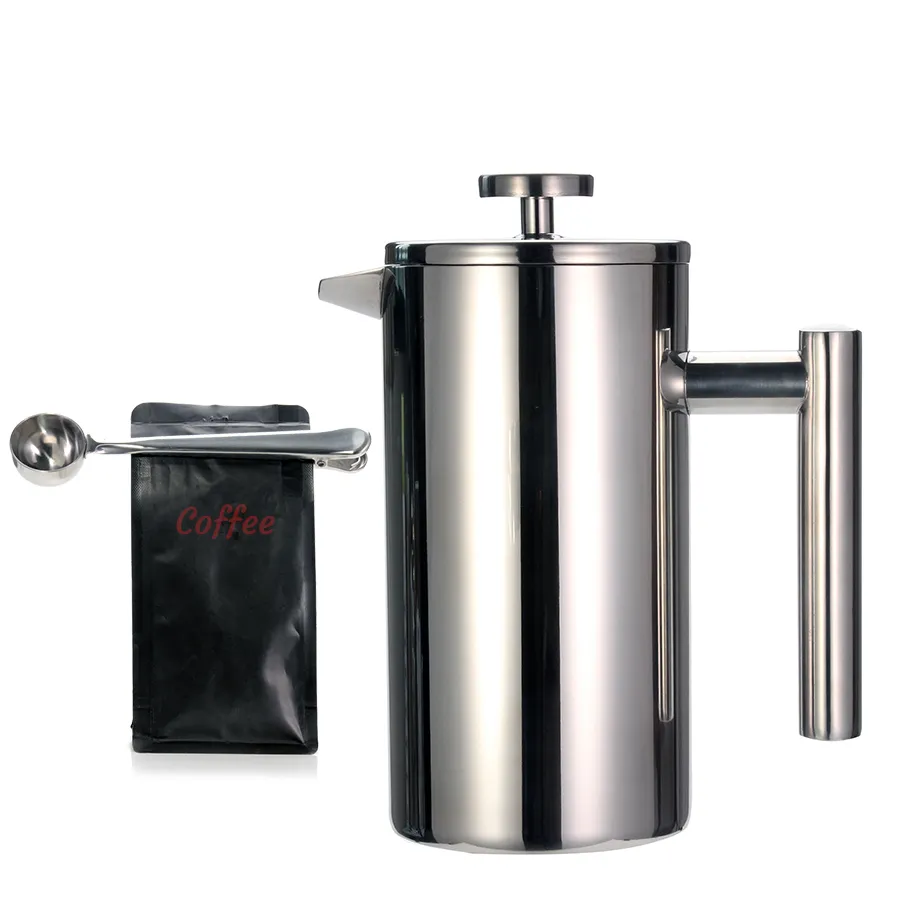 Beste French-Press-Kaffeemaschine – doppelwandiger Edelstahl 304 – hält gebrühten Kaffee oder Tee heiß – Größe 3 mit Verschlussclip/Löffel 210309