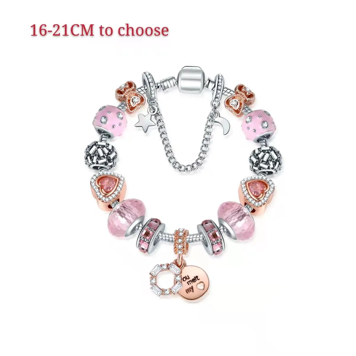 16-21cm rosa och blå kristall DIY charmpärlor Valentine Gift for Girl Heart Moon Star Charms Armband Fit Bosom Friends Match SIL291K