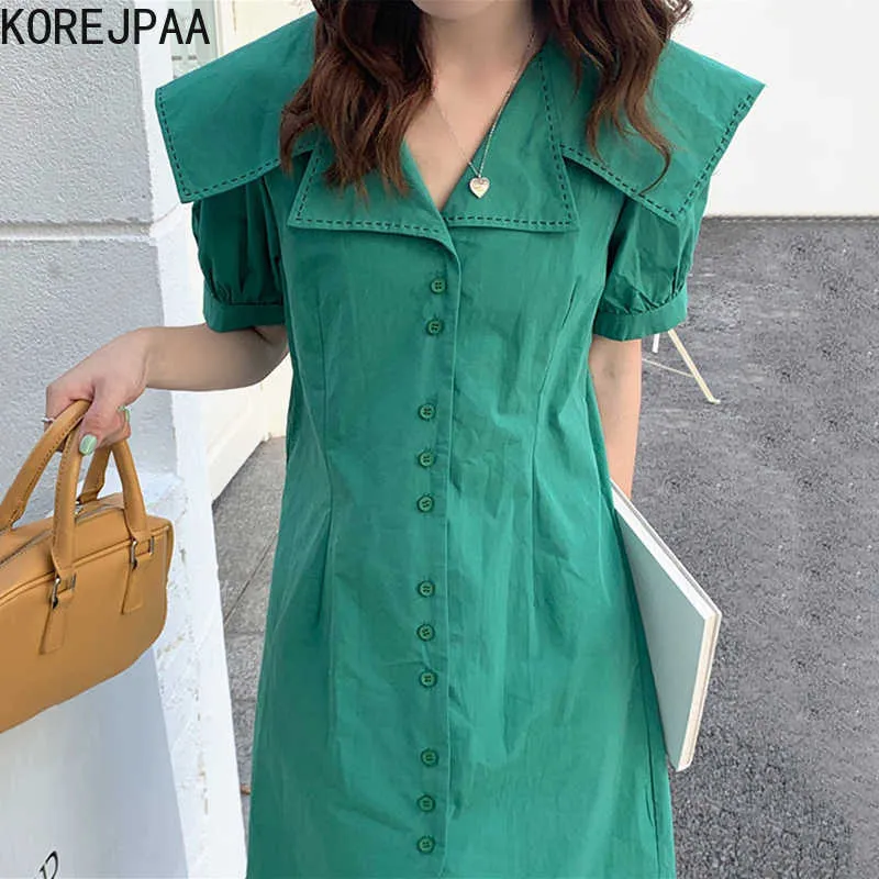 Korejpaa 여성 드레스 여름 한국어 패션 밝은 선 단단한 큰 옷깃 주름 슬림 싱글 브레스트 버블 슬리브 드레스 210526