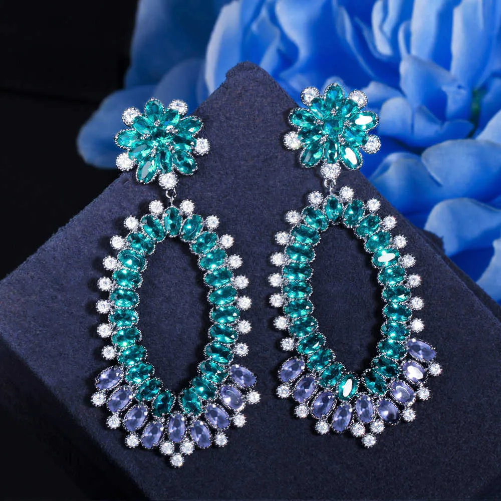 Designer Green Cubic Zirconia Crystal Big Luxury Earrings for Women Statement Engagement Party Wedding Jewelry CZ903 210714