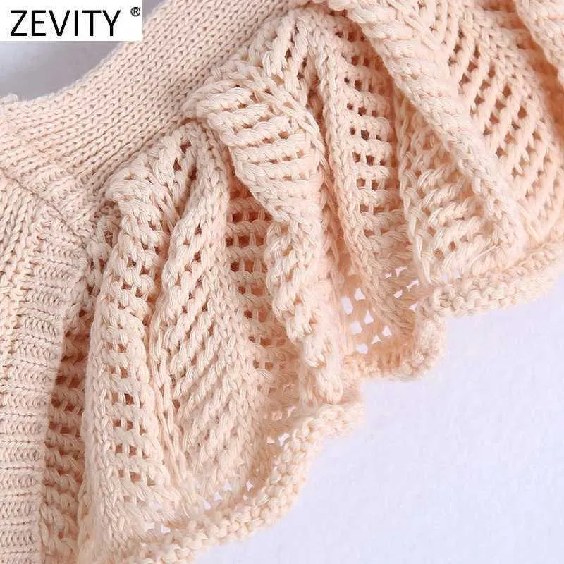 Zevity Women Sweet Patchwork Hollow Crochet Short Stickning Sweater Dames Ruffles Ärmlös Slim Vest Crop Pullovers Tops SW835 210603